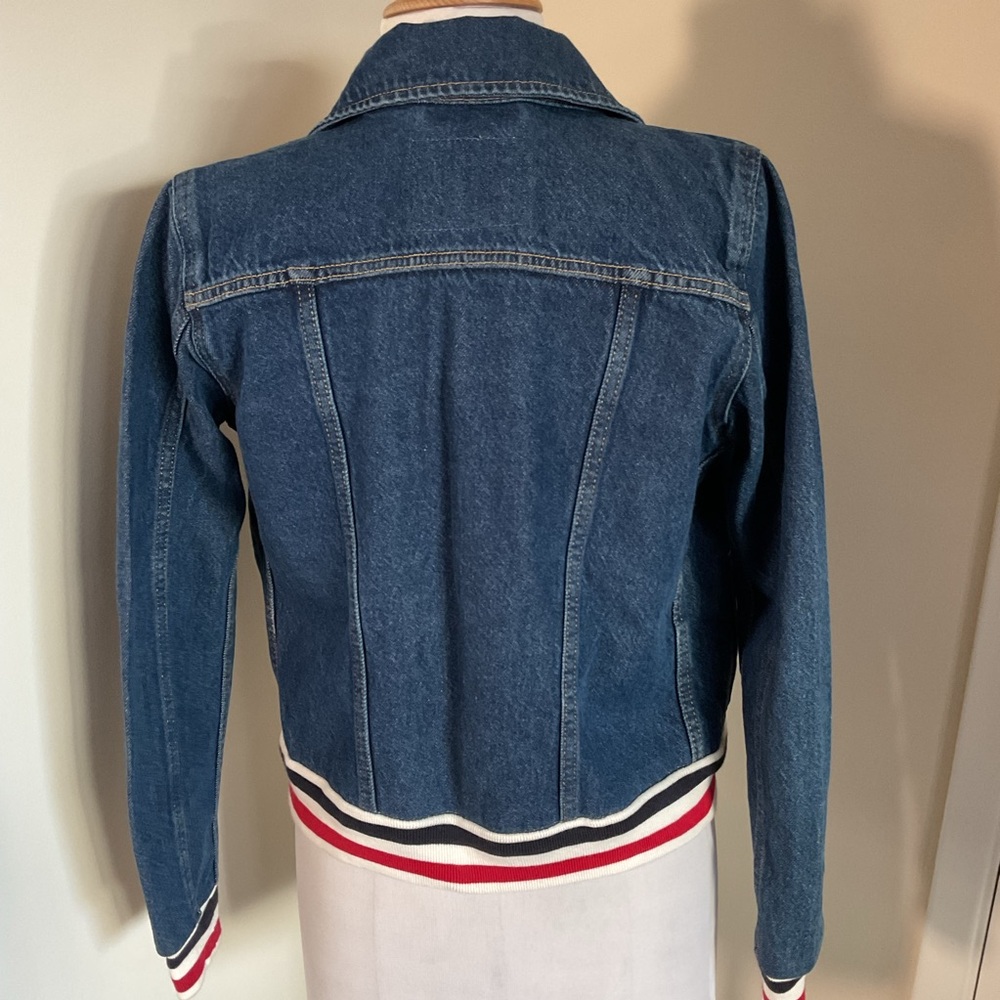 Levi's Original Rib Trim Trucker Jacket Small S Indigo Denim Striped Hem Cuffs - Picture 6 of 6
